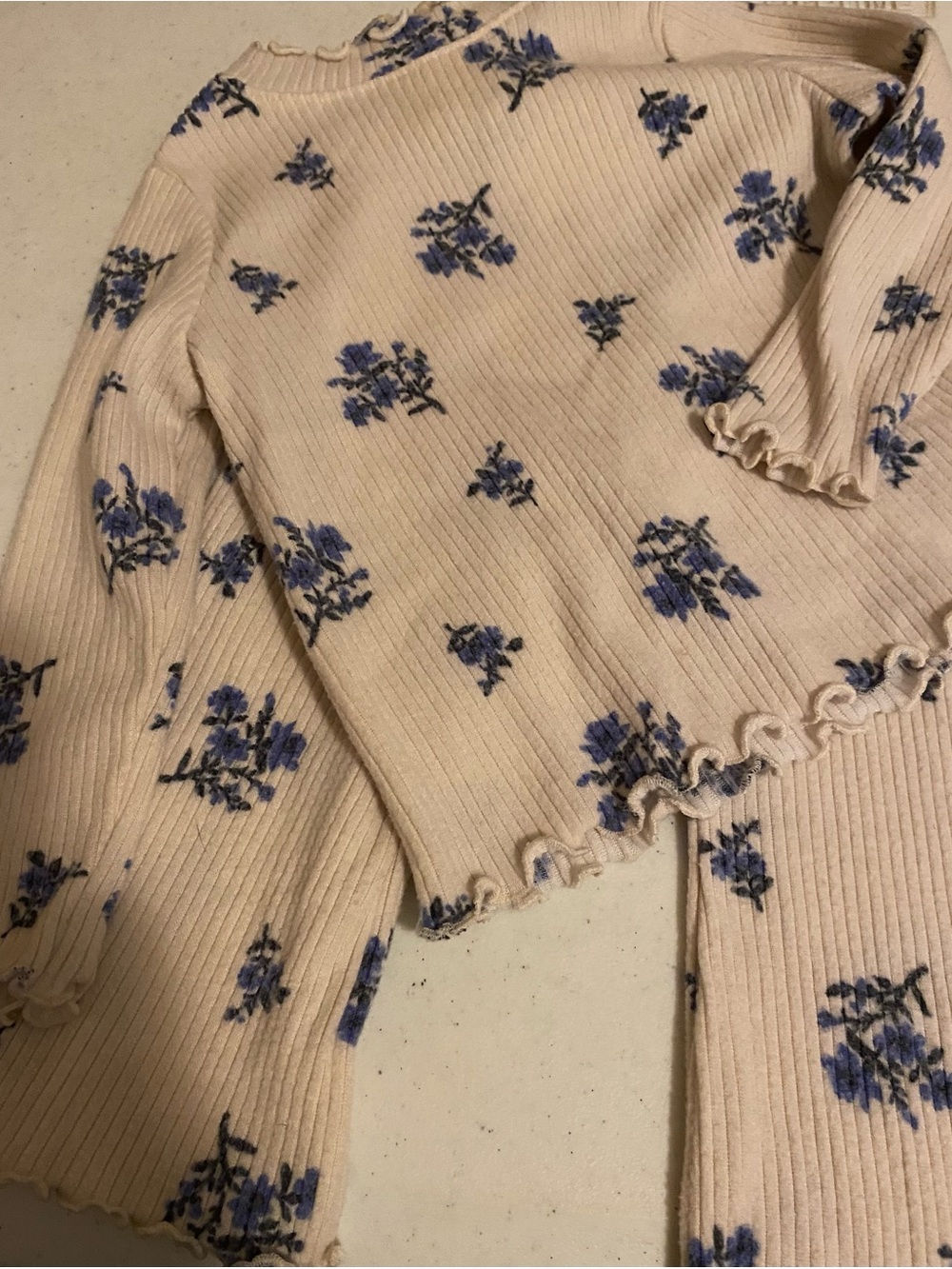 Old Navy Cream Ribbed Crewneck Sweater with Blue Floral Print